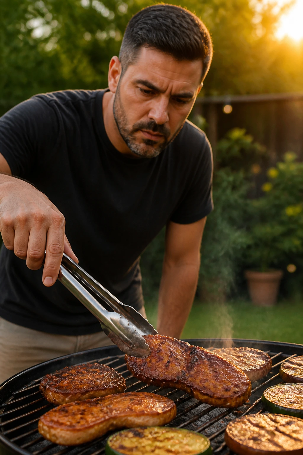 Portrait of a real person at a backyard grill, moments before flipping meat.