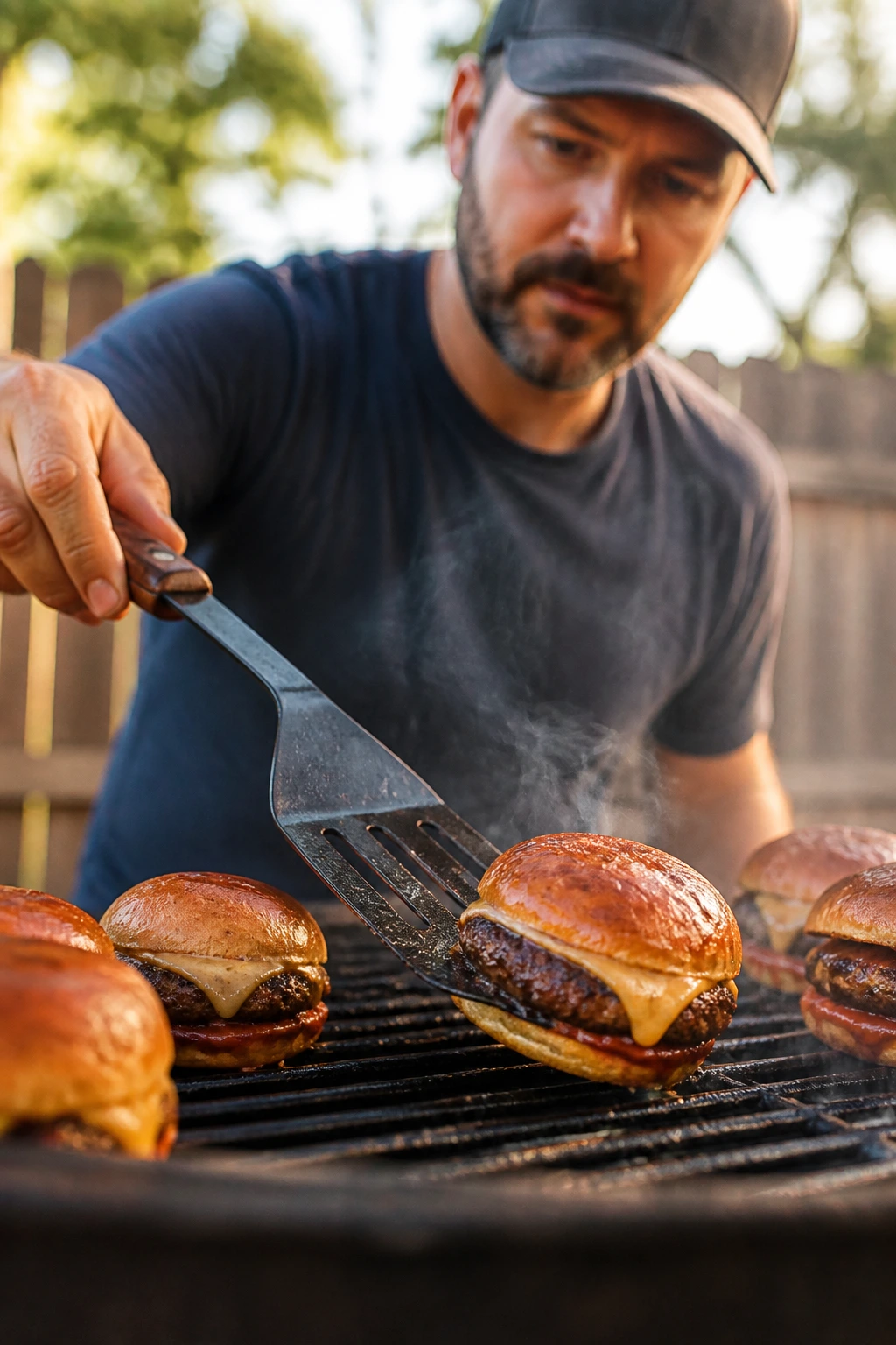 Person flipping a BBQ slider on a hot grill in a sunny backyard