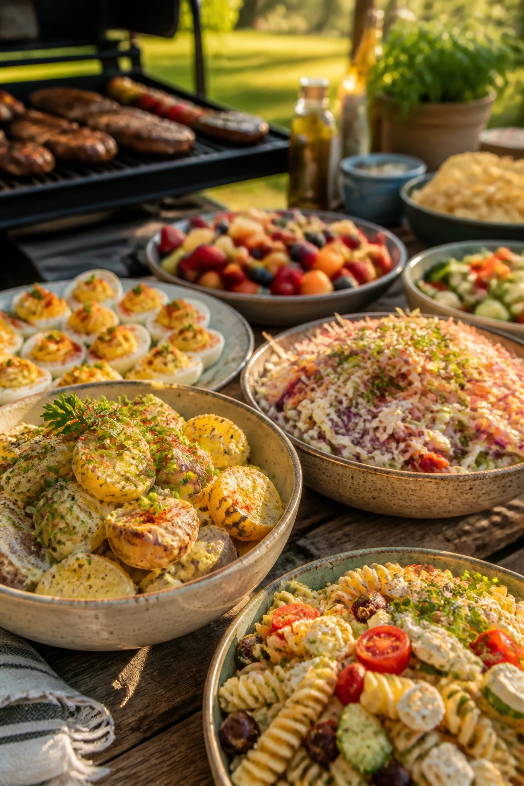 Outdoor grill gathering with cold salad spread on rustic table