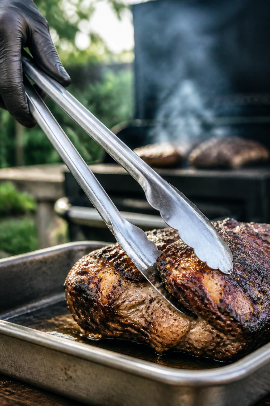 Stainless steel tongs in hand near grill