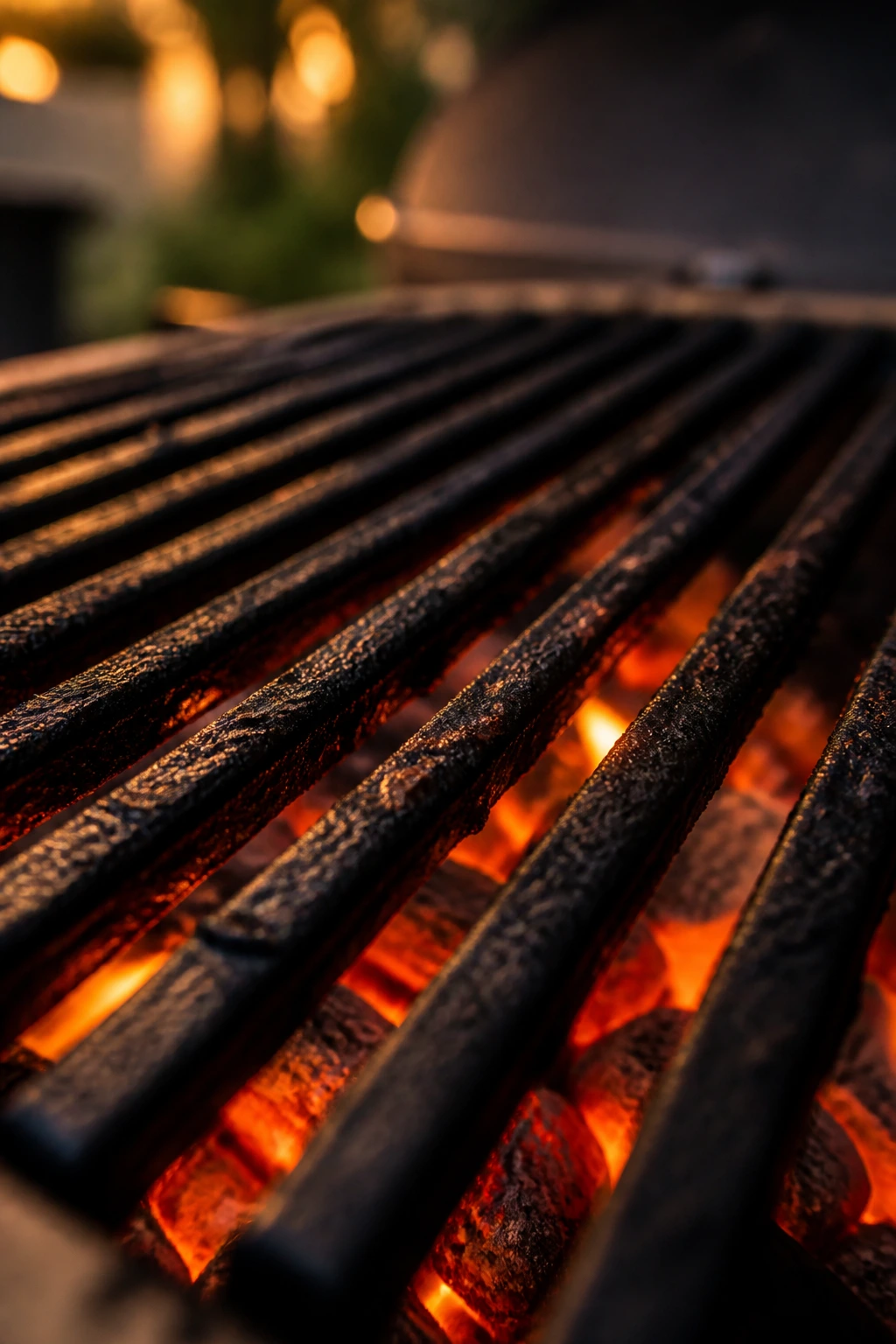 Close-up of a hot grill grate glowing with embers in an outdoor backyard grill