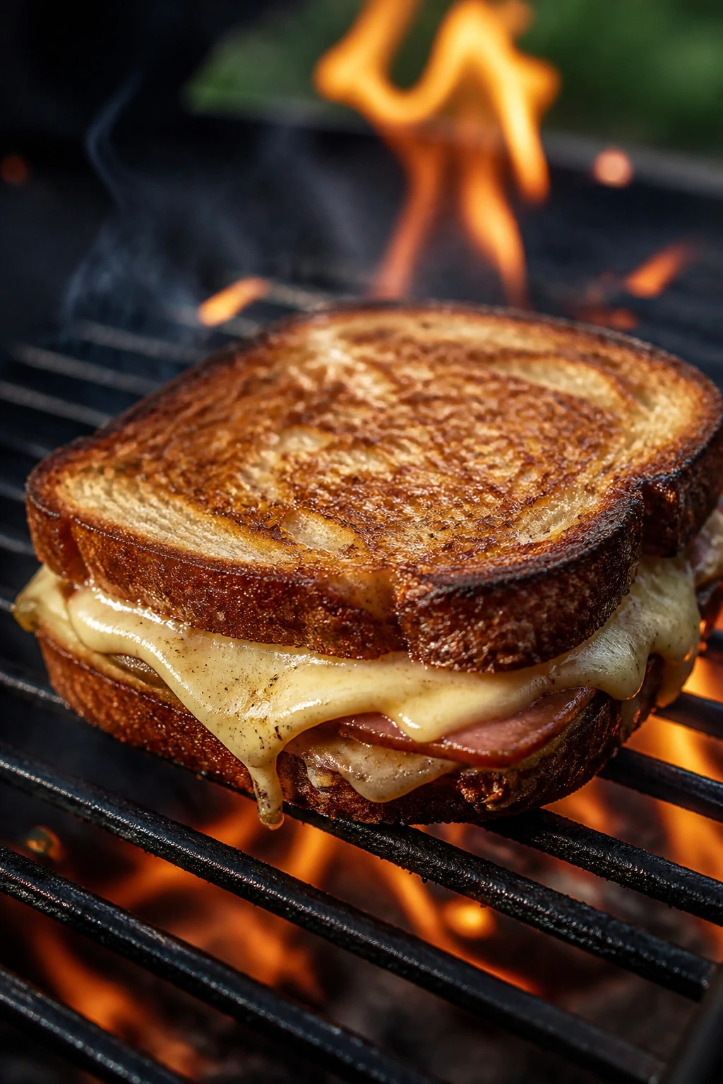 Close-up of grilled sandwich on a hot grill grate