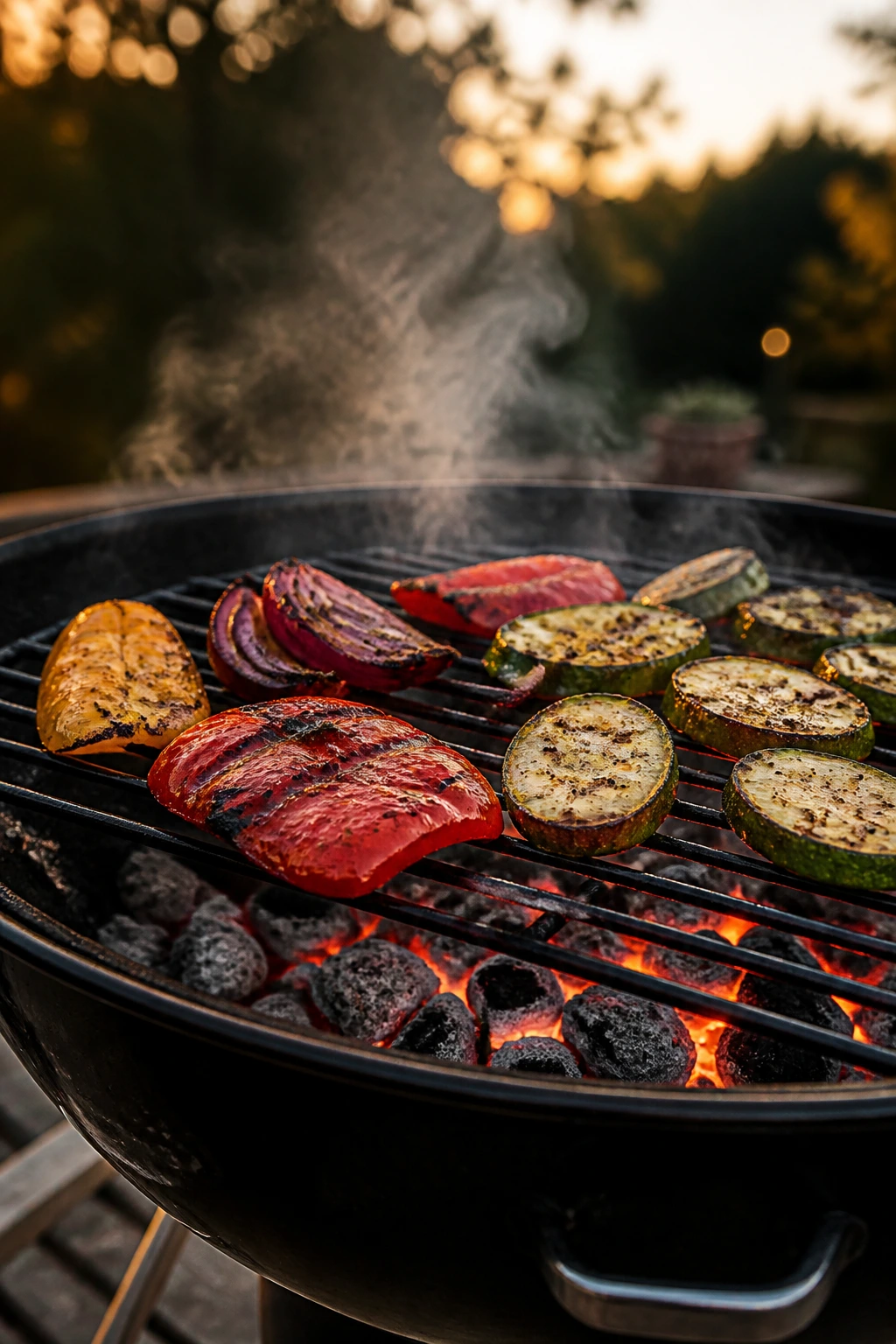 Grill with glowing coals and vegetables cooking on the grate