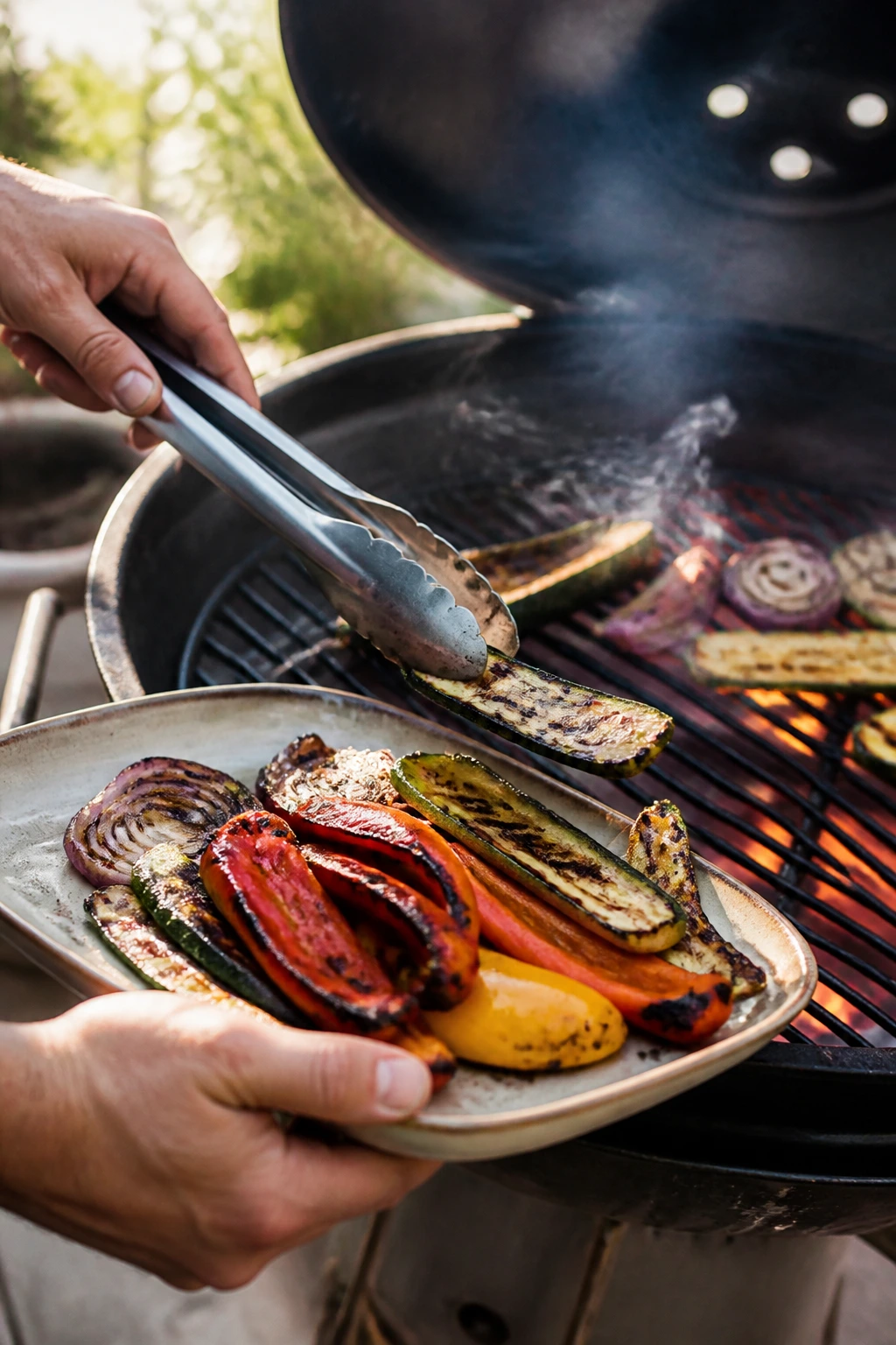 Tongs moving vegetables from a hot grill to a cooler zone