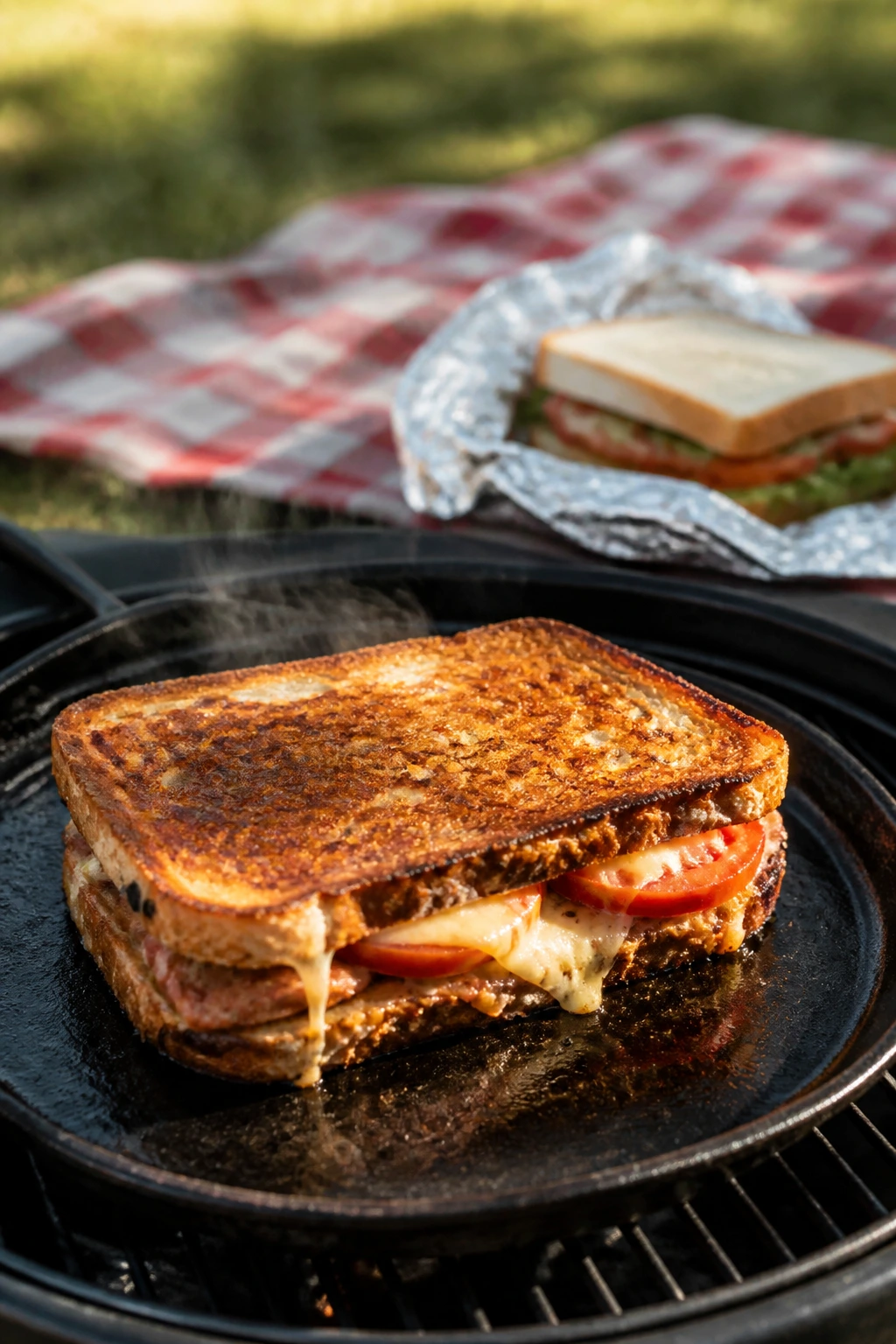 Hot grilled sandwich steaming on skillet at a picnic