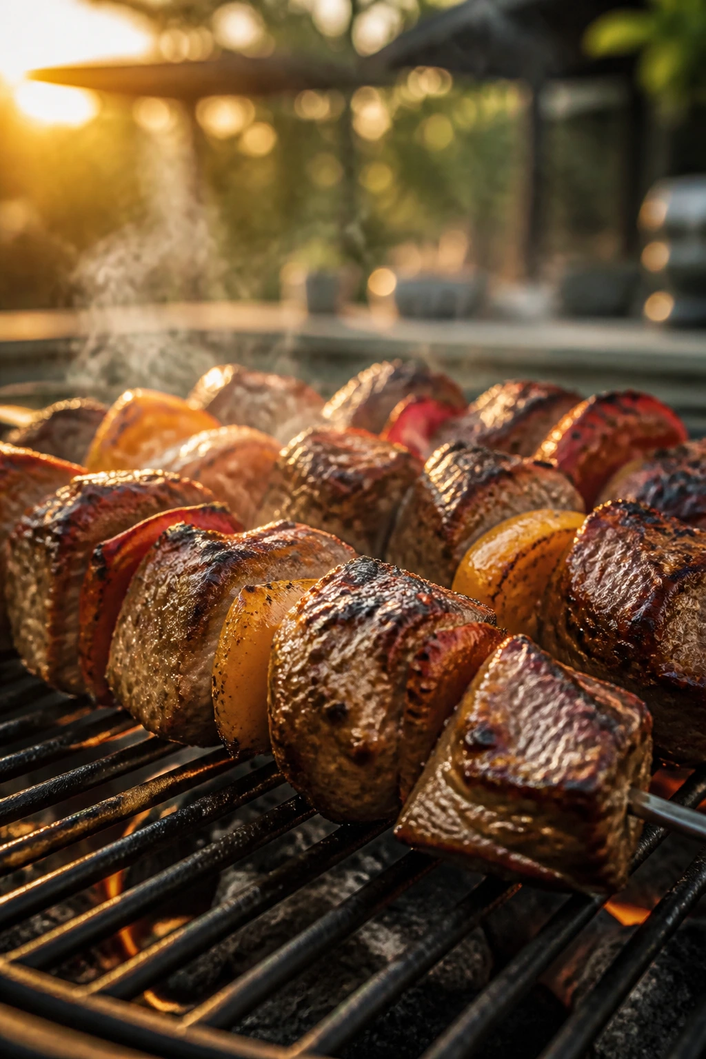 Kebab skewer cooking on a grill in a backyard