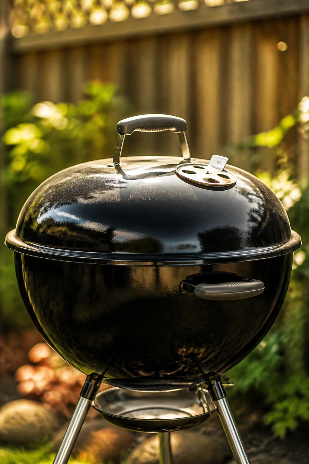 Grill lid in focus on a sunny backyard grill