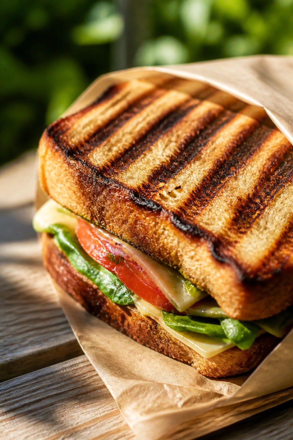 Grilled sandwich with strong grill marks on a sunny picnic setting