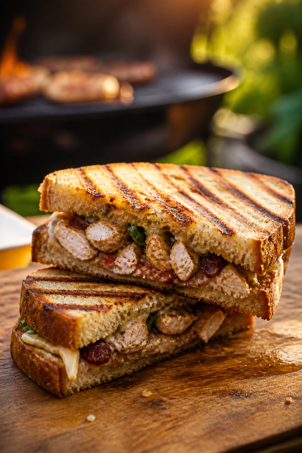 Close-up of a handheld grilled sandwich with strong grill marks in a backyard setting