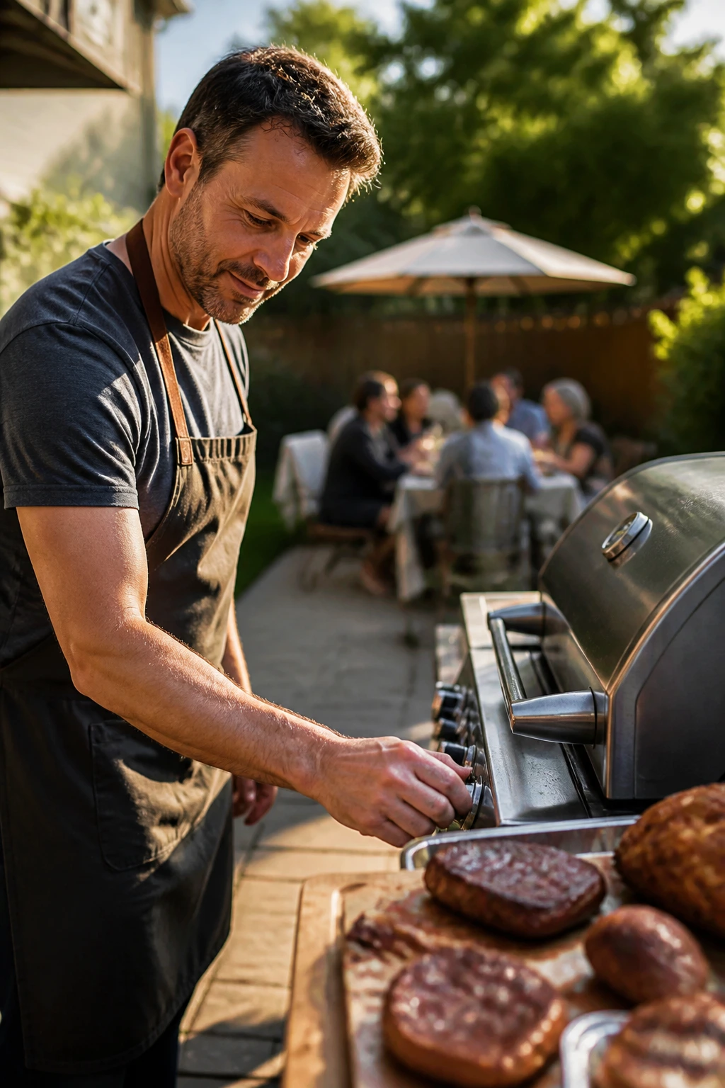 Grill master adjusting knobs at a backyard barbecue