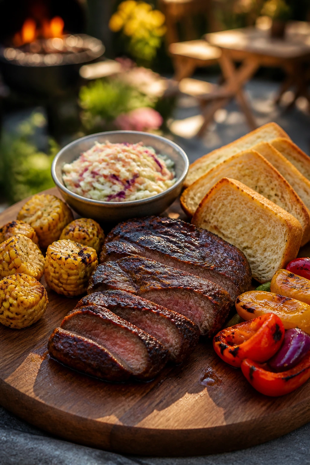 Board with main protein, grilled sides, and bread arranged for a balanced grill menu.