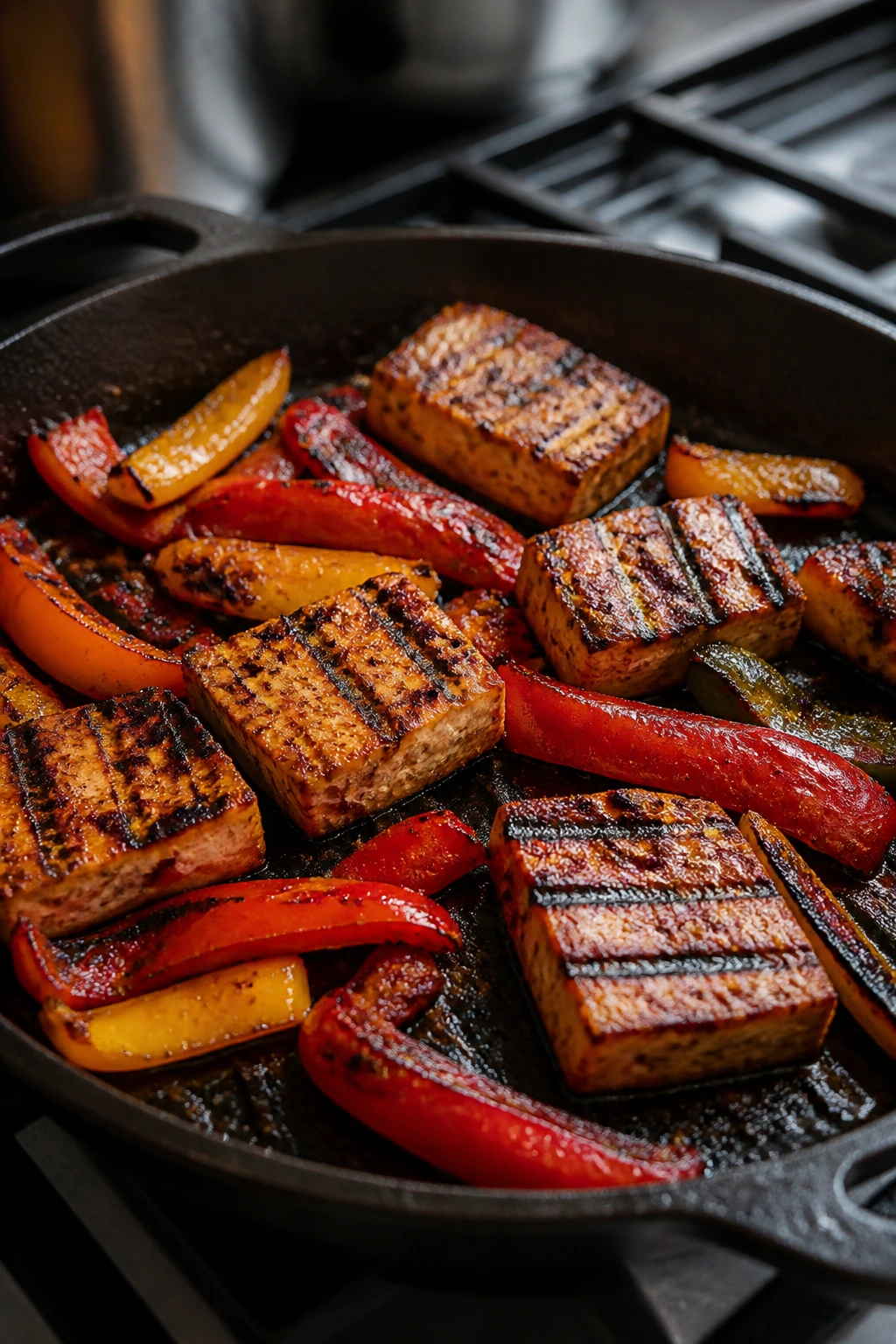 Cast-iron grill pan with seared vegetables and tofu on the stove.