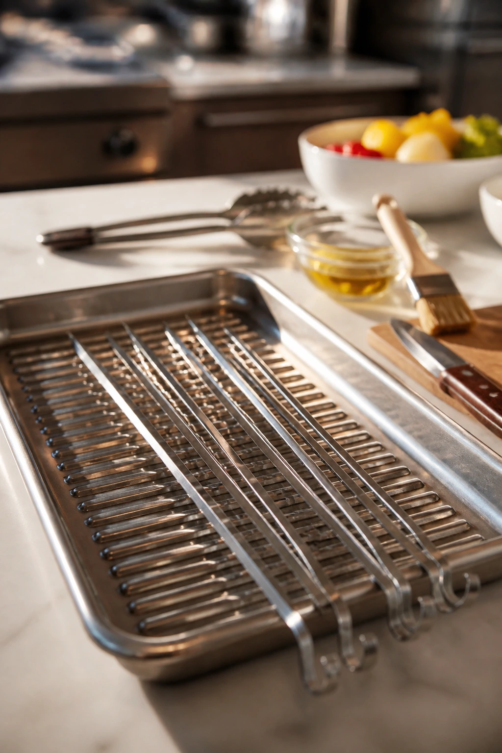 Close-up of skewers and grill pan in a bright kitchen