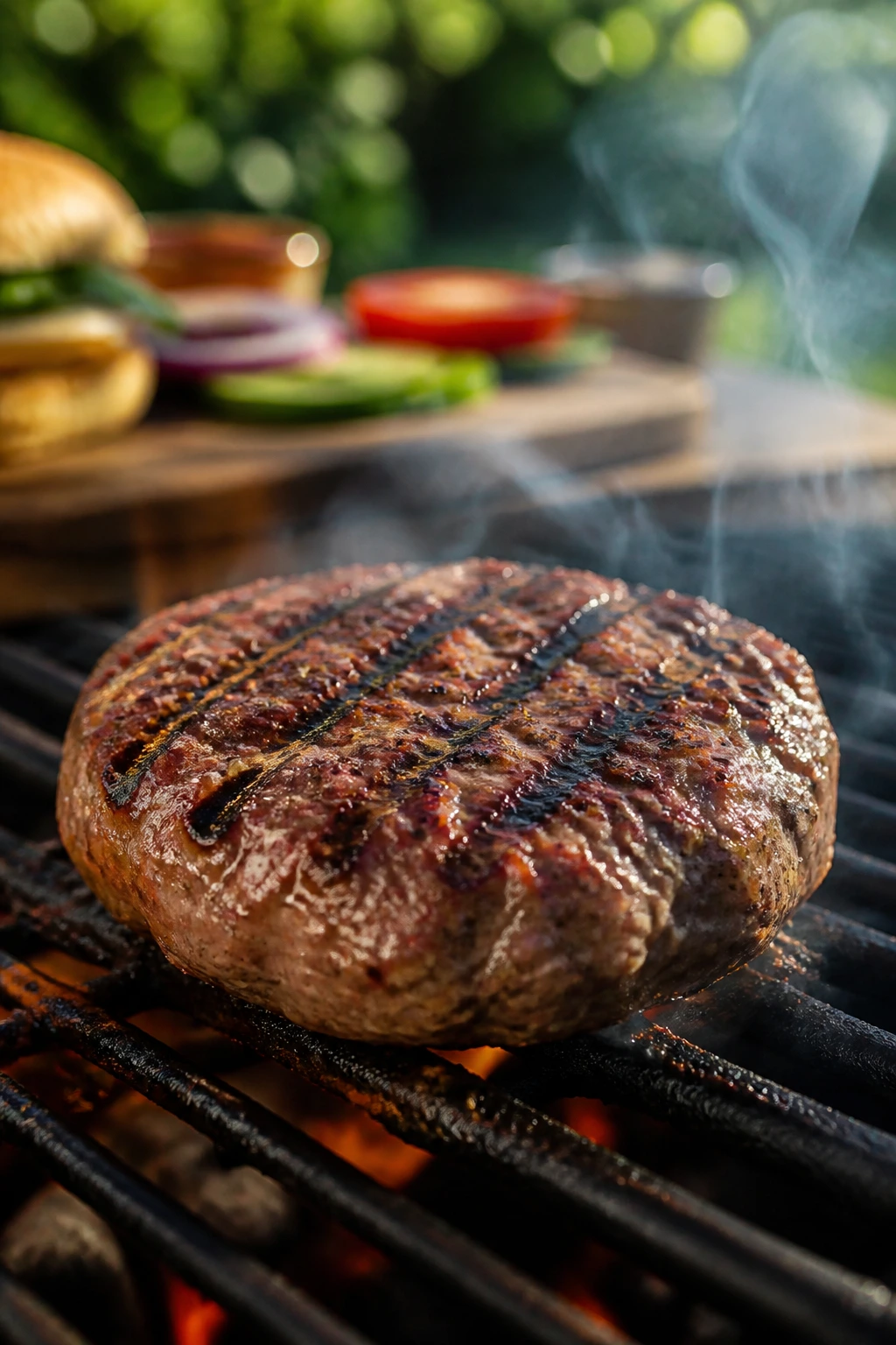 Close-up of a beef burger patty sizzling on a hot grill with grill marks and smoke in a backyard