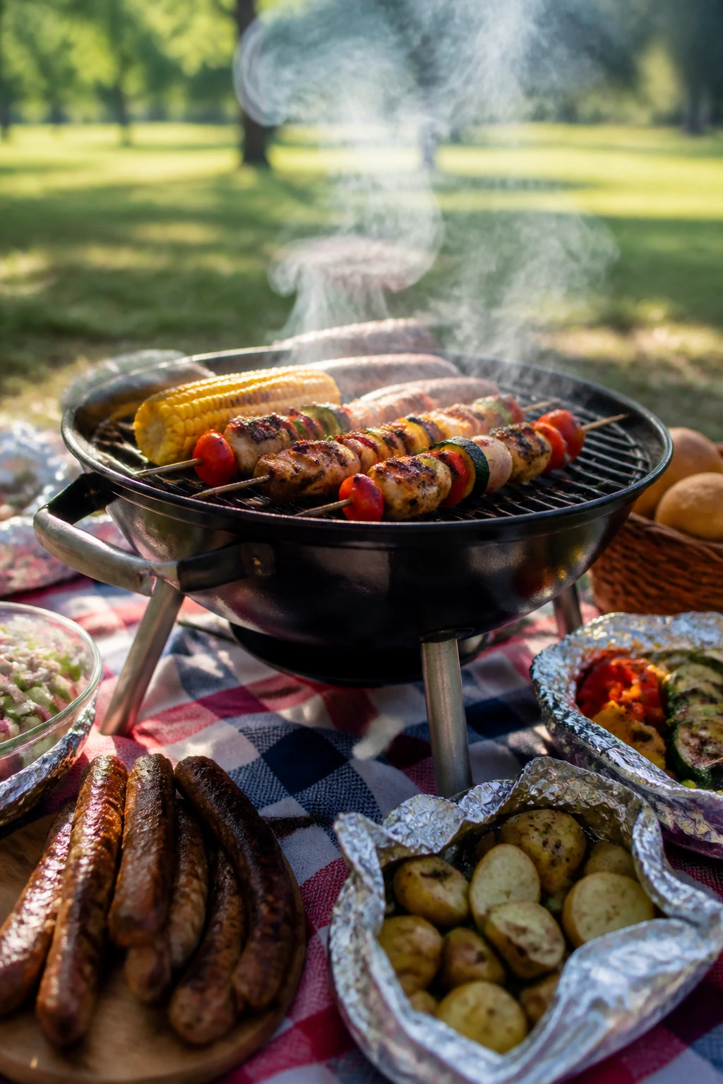 Grill centered among a bright picnic blanket and skewers