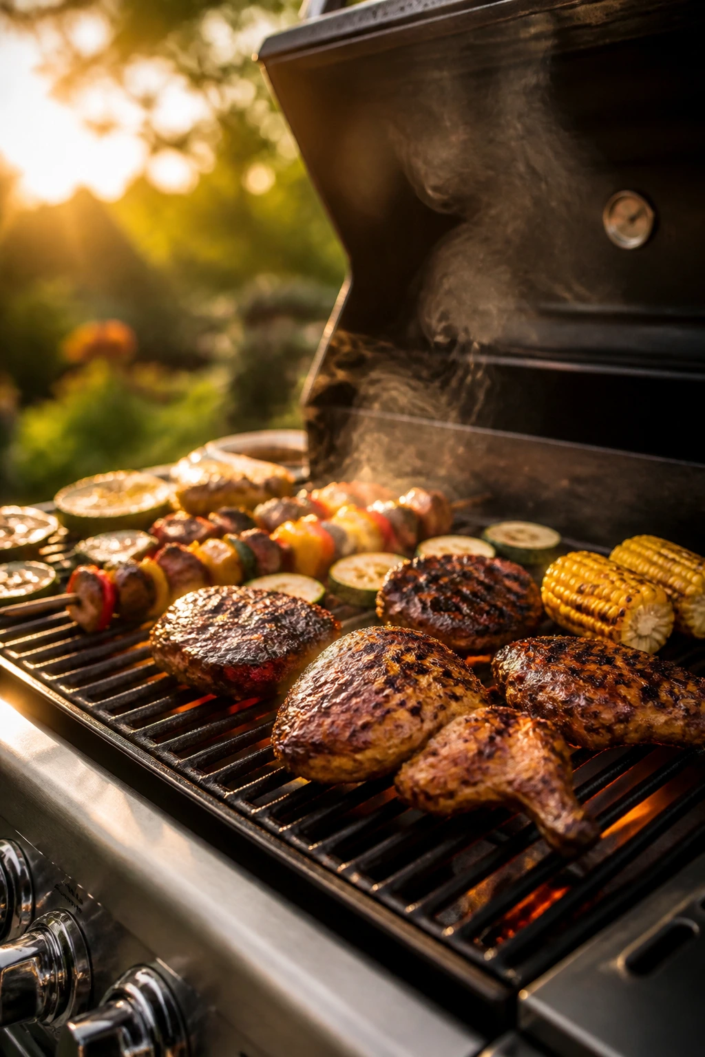 Grill dominating outdoor scene with glowing grates at golden hour