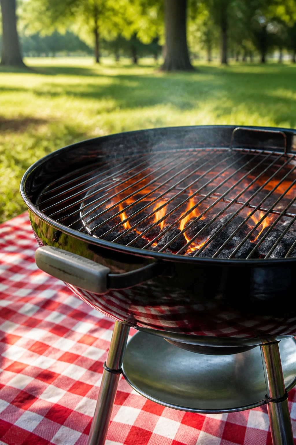 Close-up of a grill on a picnic blanket with smoke and char in a sunny park