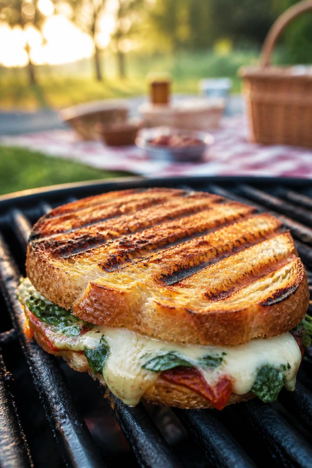 Close-up of grill grates searing a sandwich outdoors
