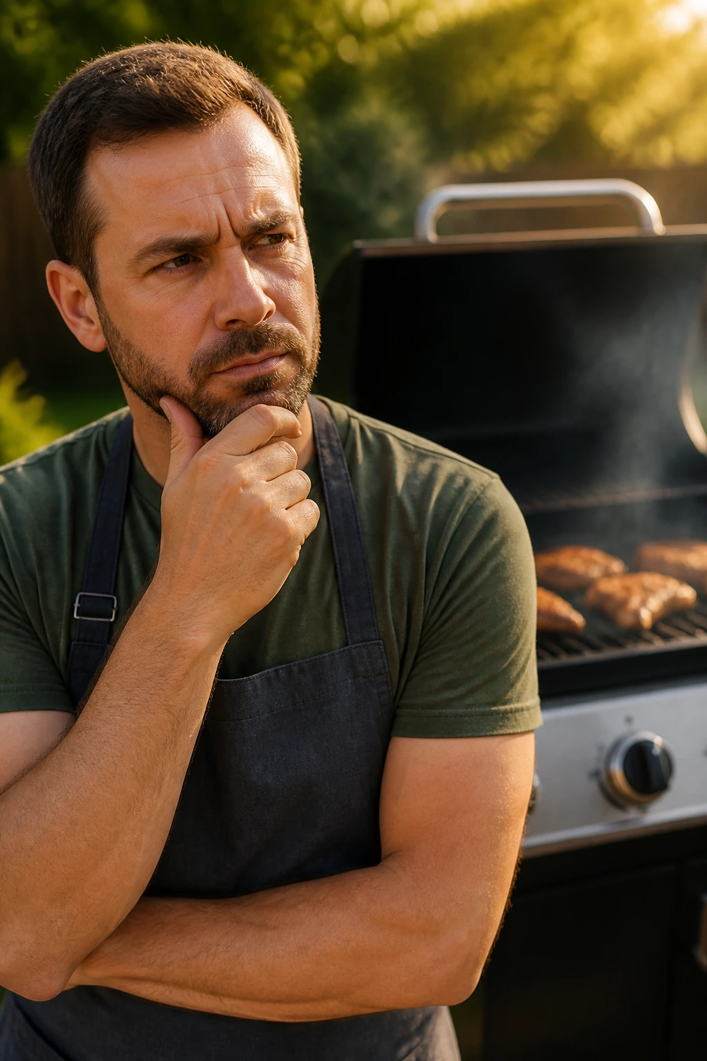 Real person portrait by a grill outdoors, pondering grilling questions