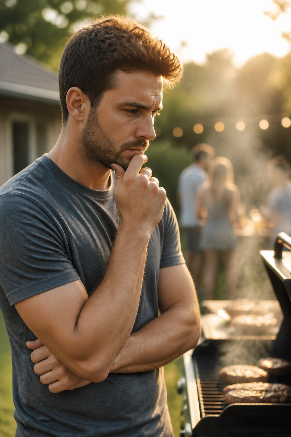 Portrait of a person pondering grilling questions in a backyard before lighting the grill