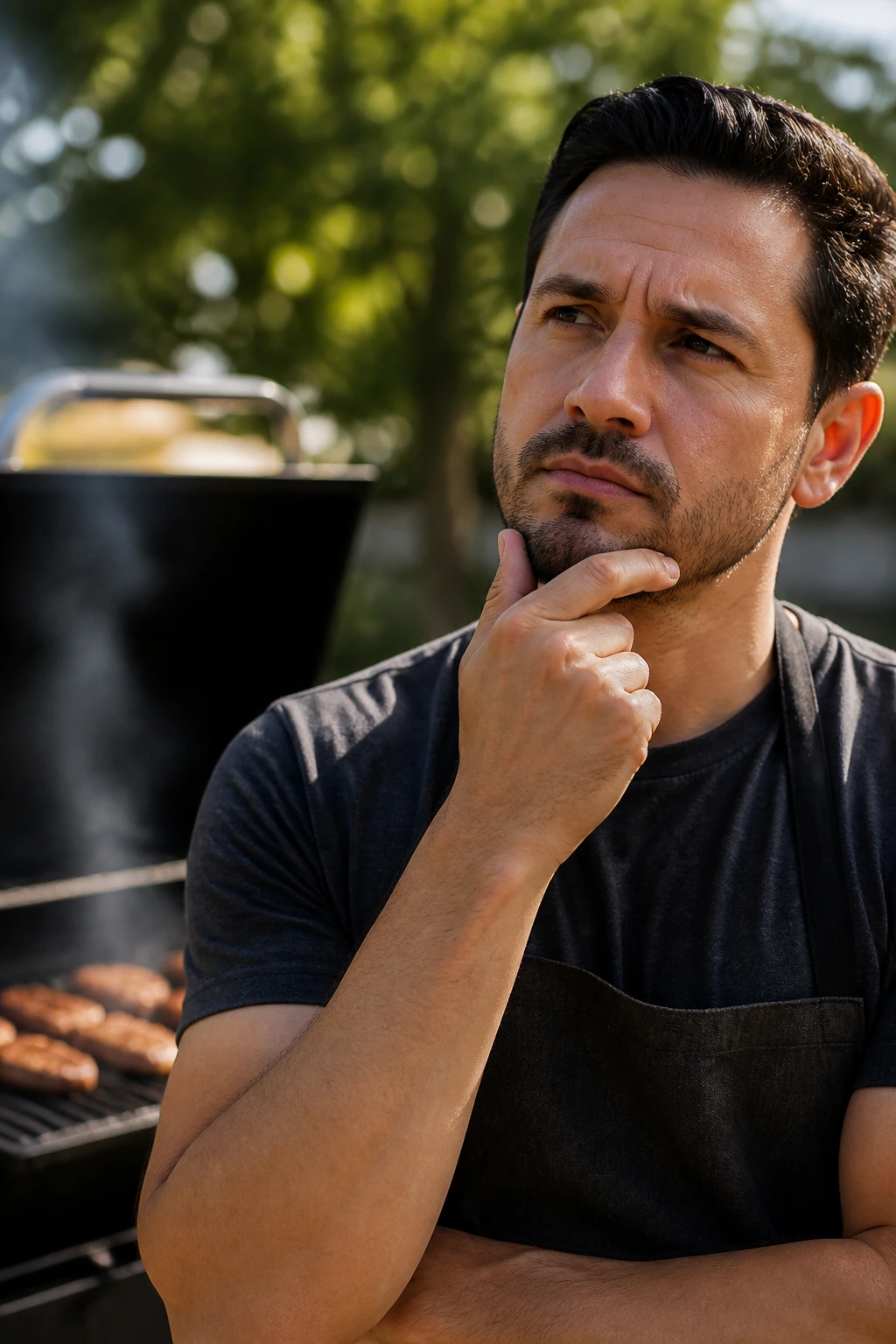 Real person in a backyard by a grill, looking thoughtful.