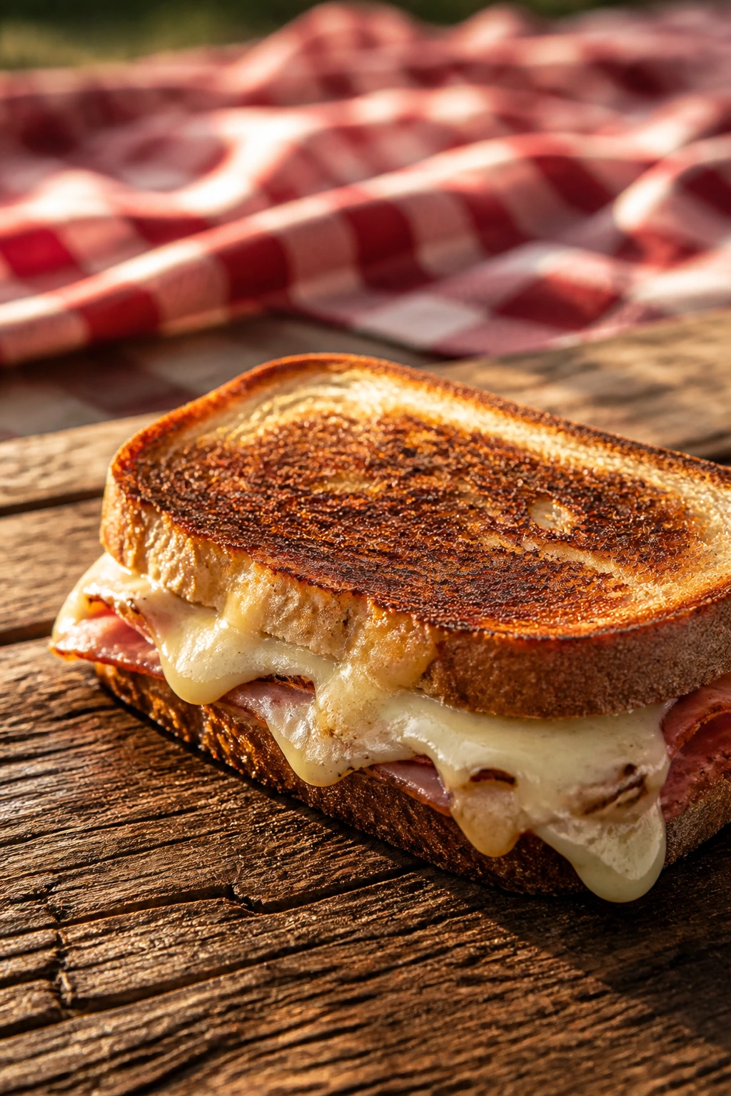 Close-up of a grilled sandwich with crackling crust on a rustic table with picnic backdrop