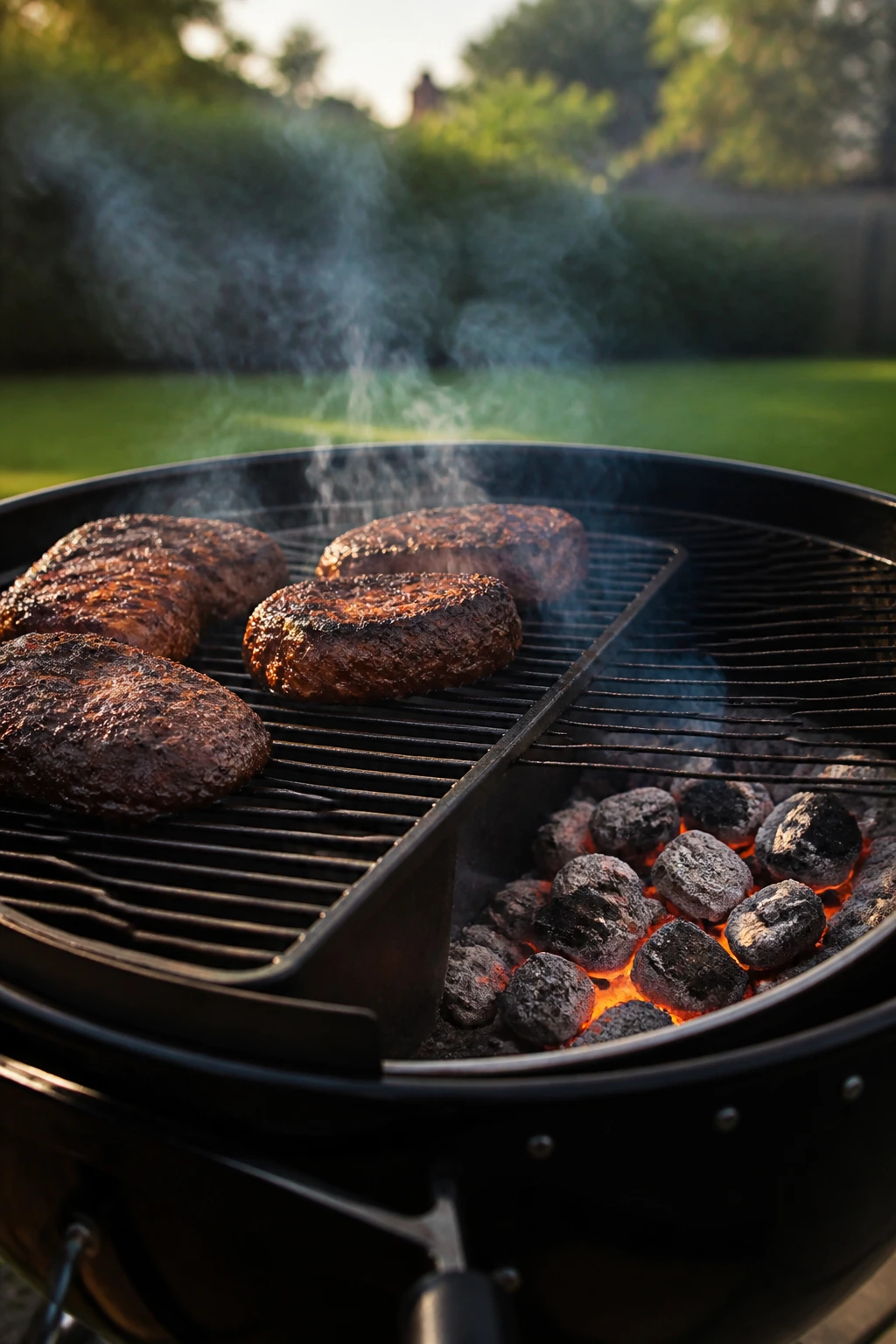 Two-zone charcoal grill with meat cooking in a backyard setting