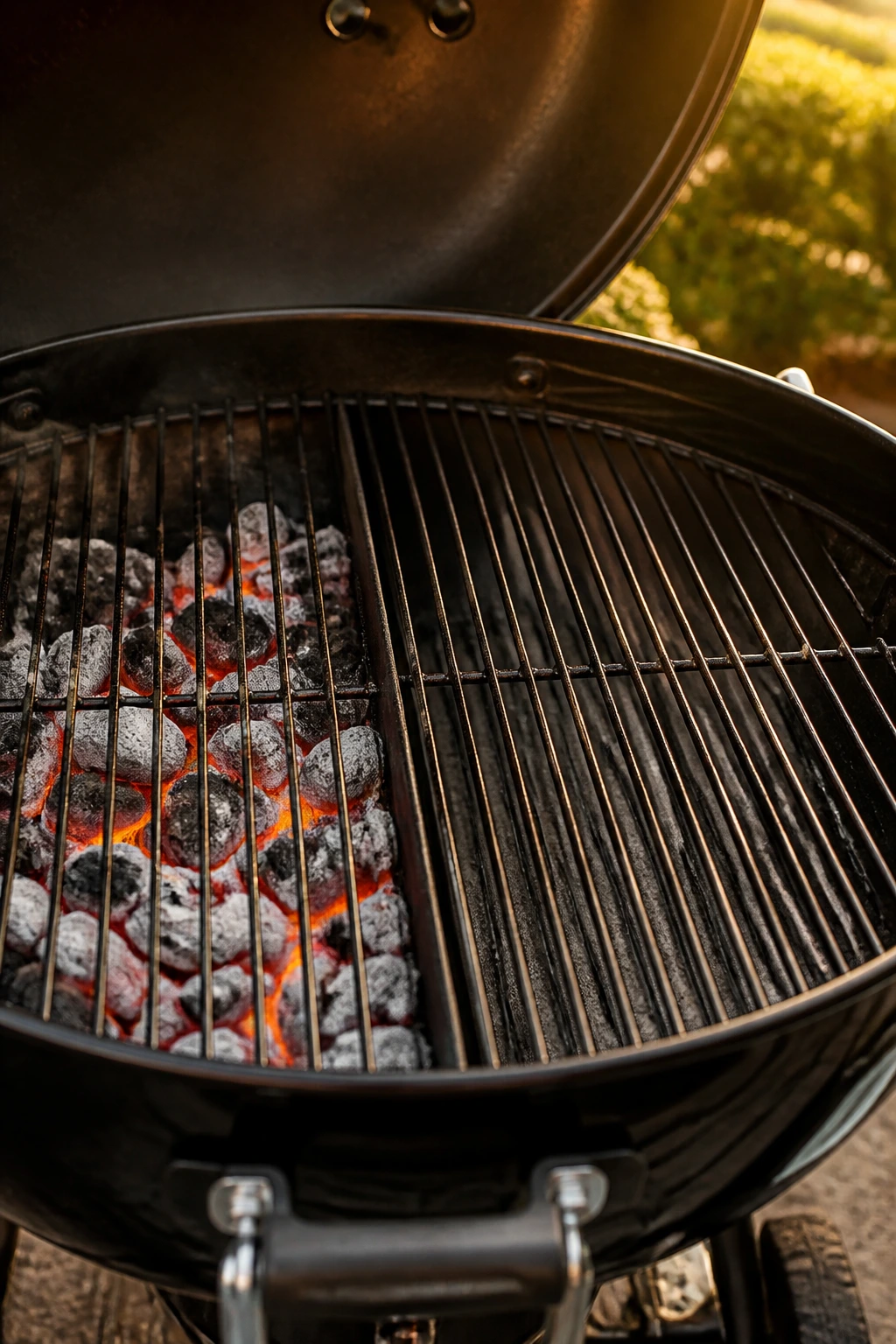 Two-zone grill setup in a sunny backyard