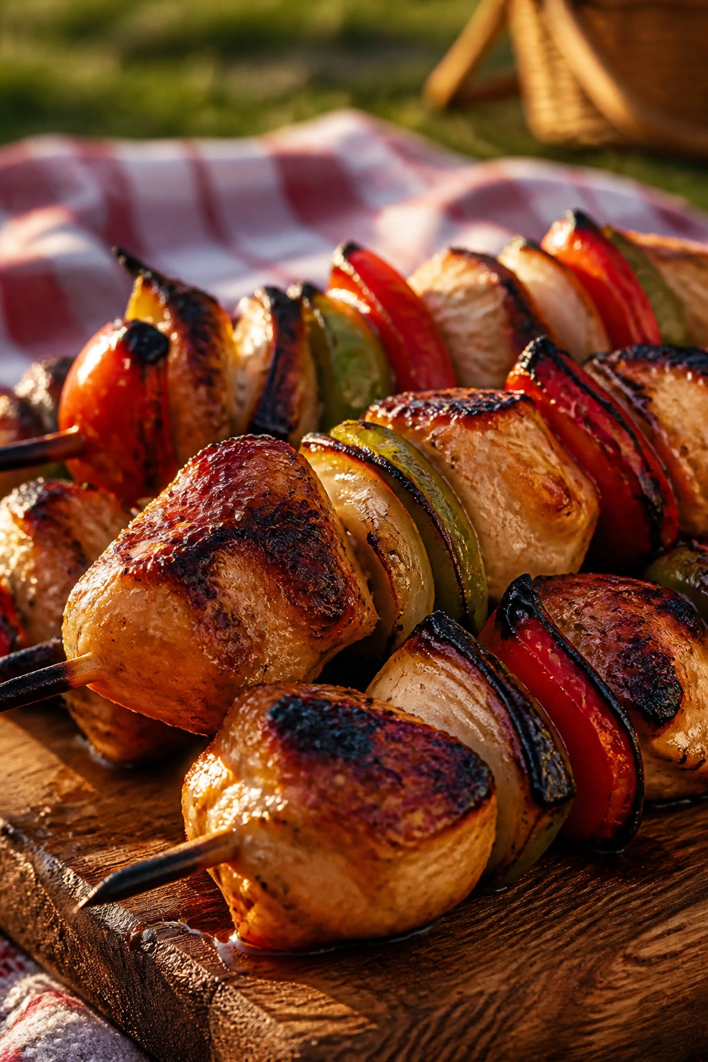 Close-up grilled chicken skewer on wooden board in outdoor picnic setting