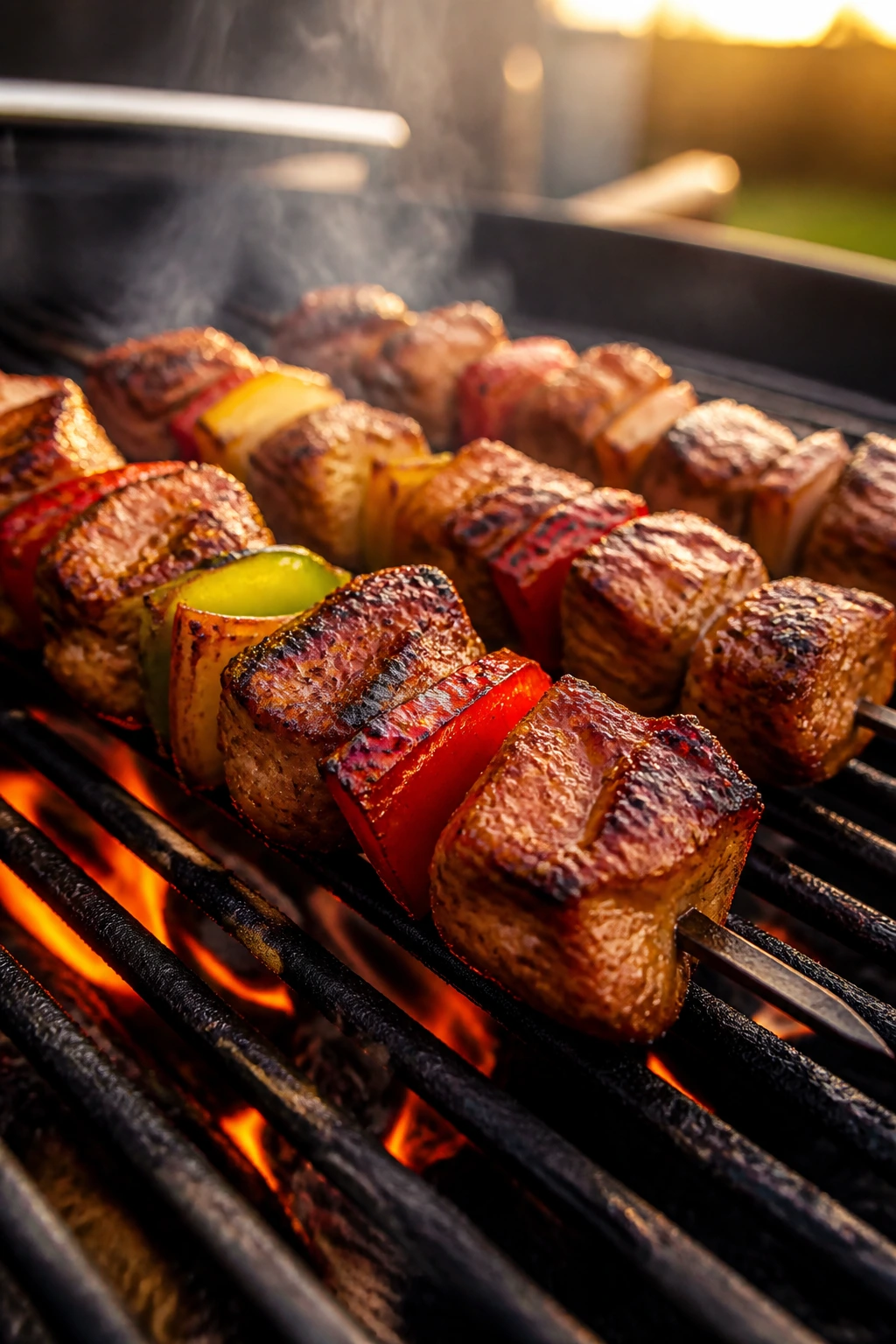 Skewers with browning surfaces on a hot grill at golden hour