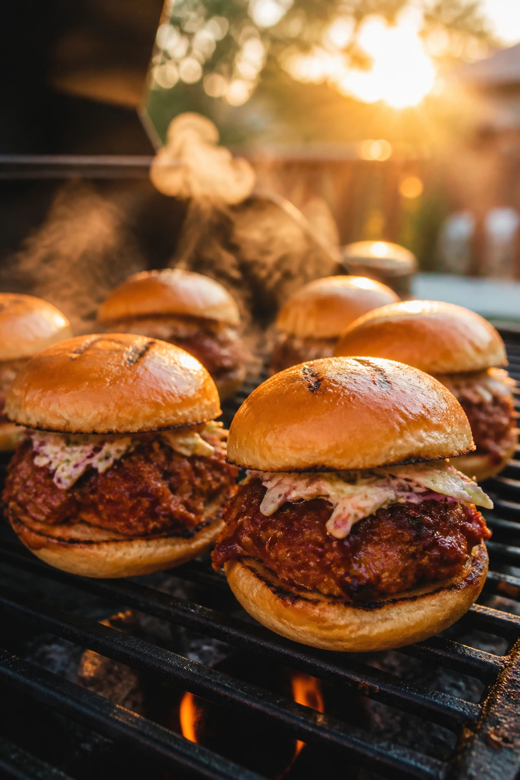 Grilling sliders on a hot grate with smoke at sunset