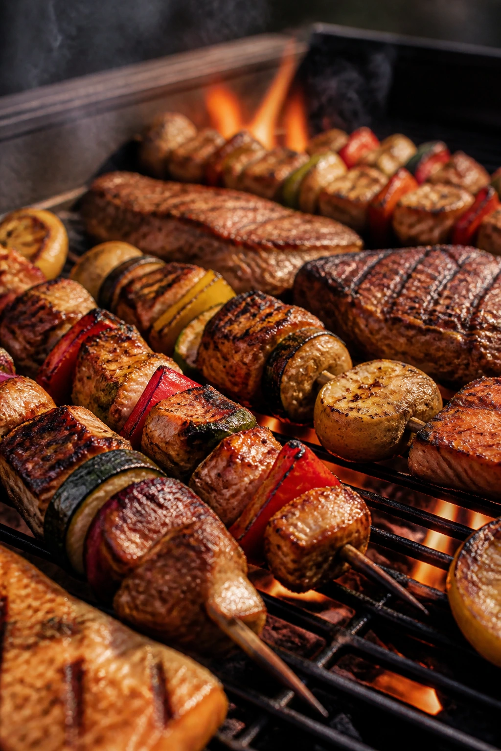 Sizzling grill loaded with summer dinner ingredients on a backyard grill
