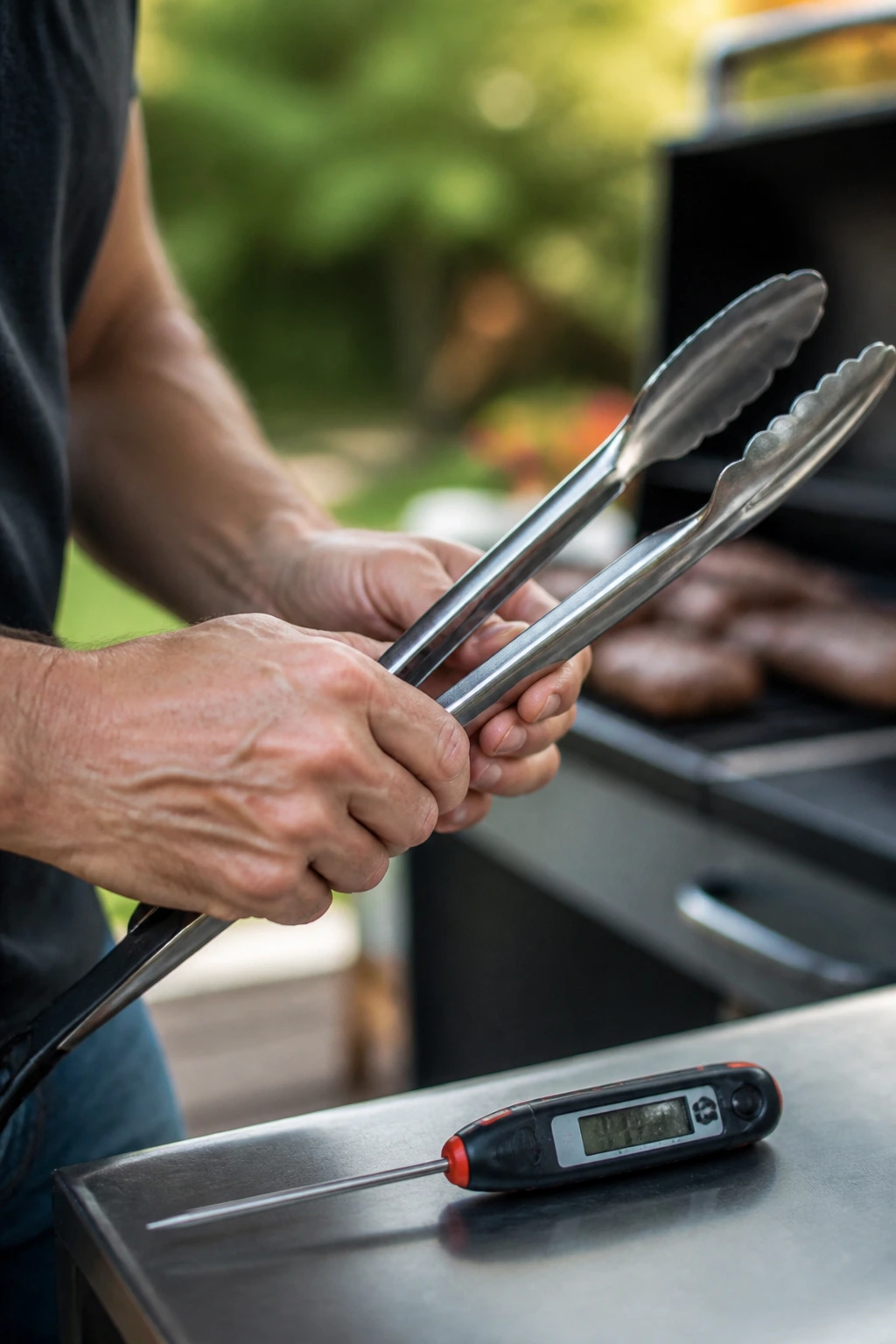 Hands holding tongs with a thermometer in the foreground ready for grilling