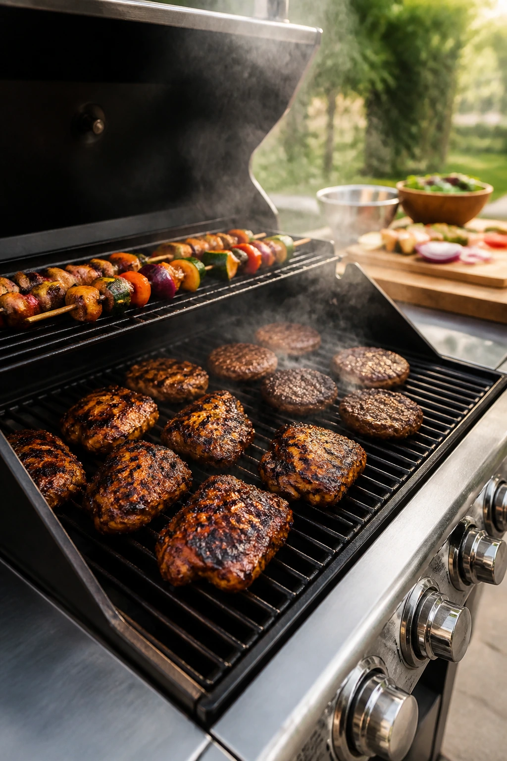 Grill scene in a backyard showing meats on a grill to imply timed serving