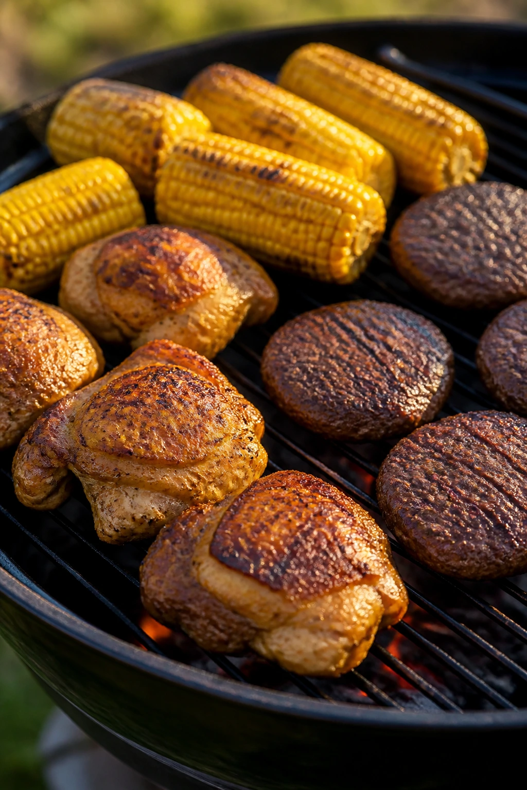 Grilled meat and corn cooking together on a backyard grill