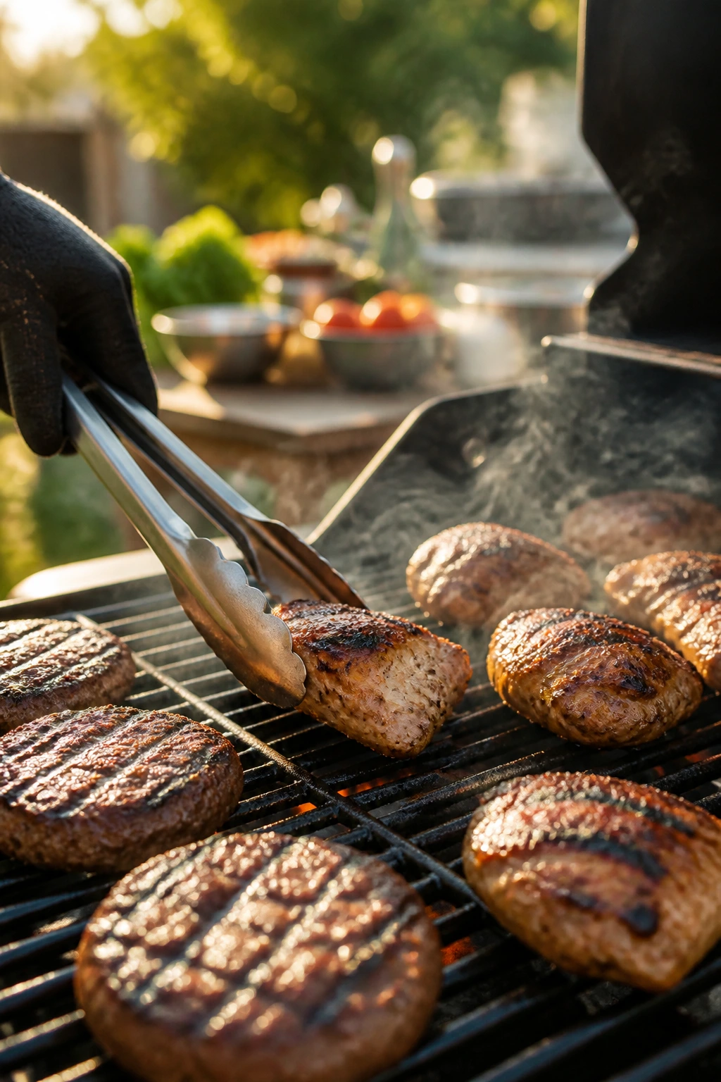 Burgers and chicken grilling on a hot barbecue with smoke