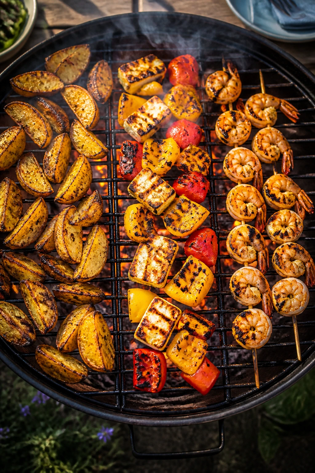Grill with three food groups showing different cooking times