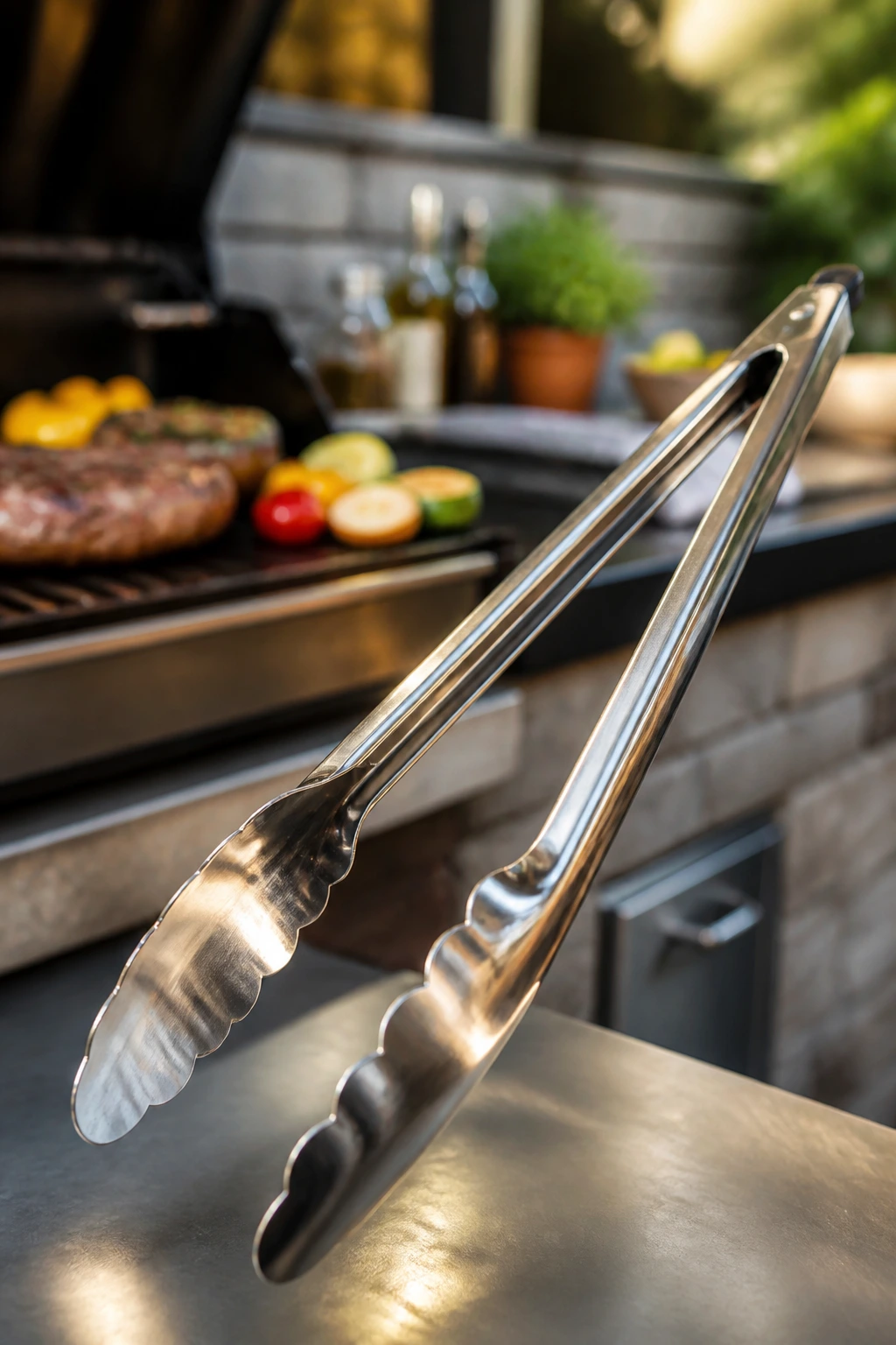 Close-up of a long-handled grill tong as essential equipment