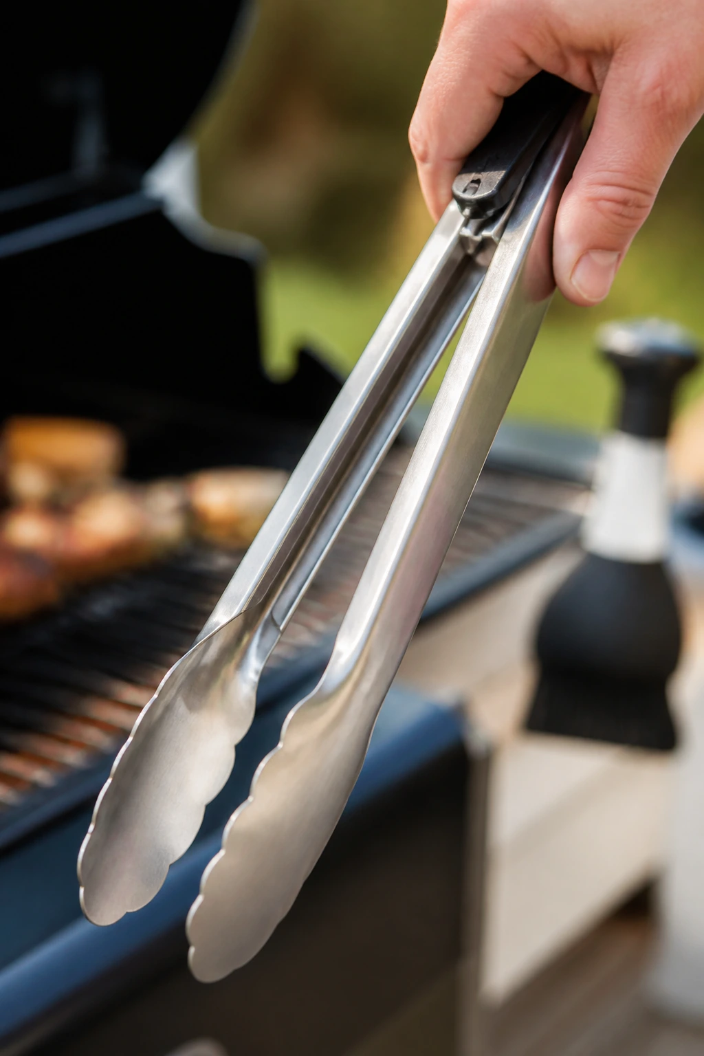 Close-up of long-handled tongs with grill brush and grill in background