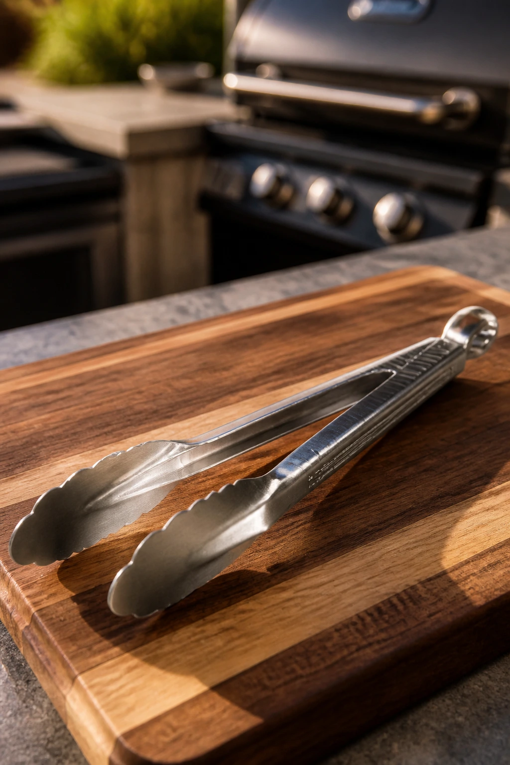 Close-up of long stainless steel tongs on a cutting board ready for grilling