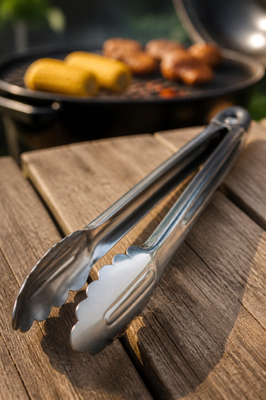 Long stainless-steel grilling tongs on a wooden surface with grill in background
