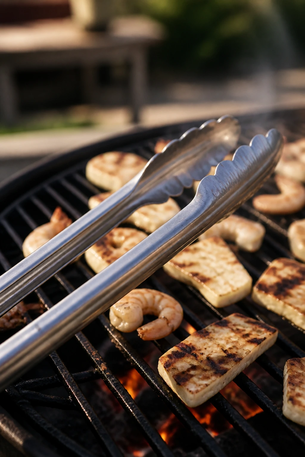 Stainless steel grilling tongs over a hot grill