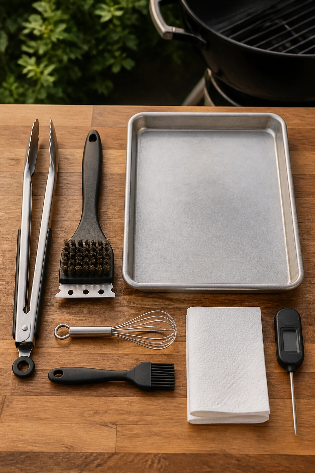 Top-down view of essential grill tools on a counter