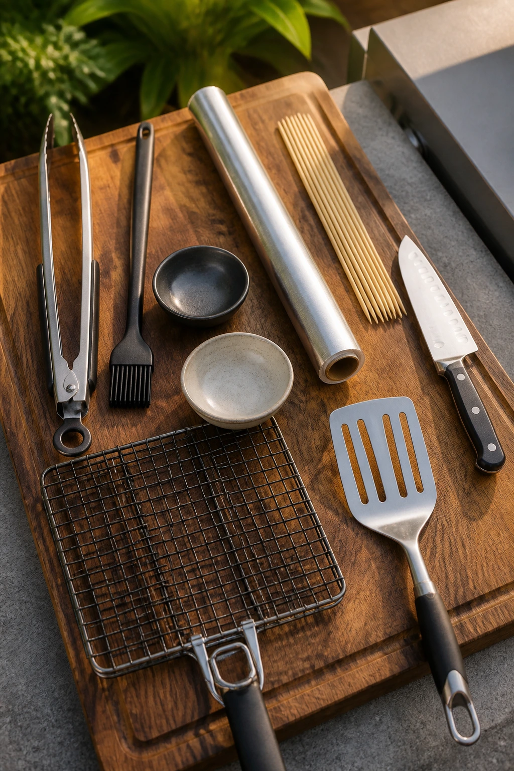 Overhead shot of essential grilling tools on a wooden board