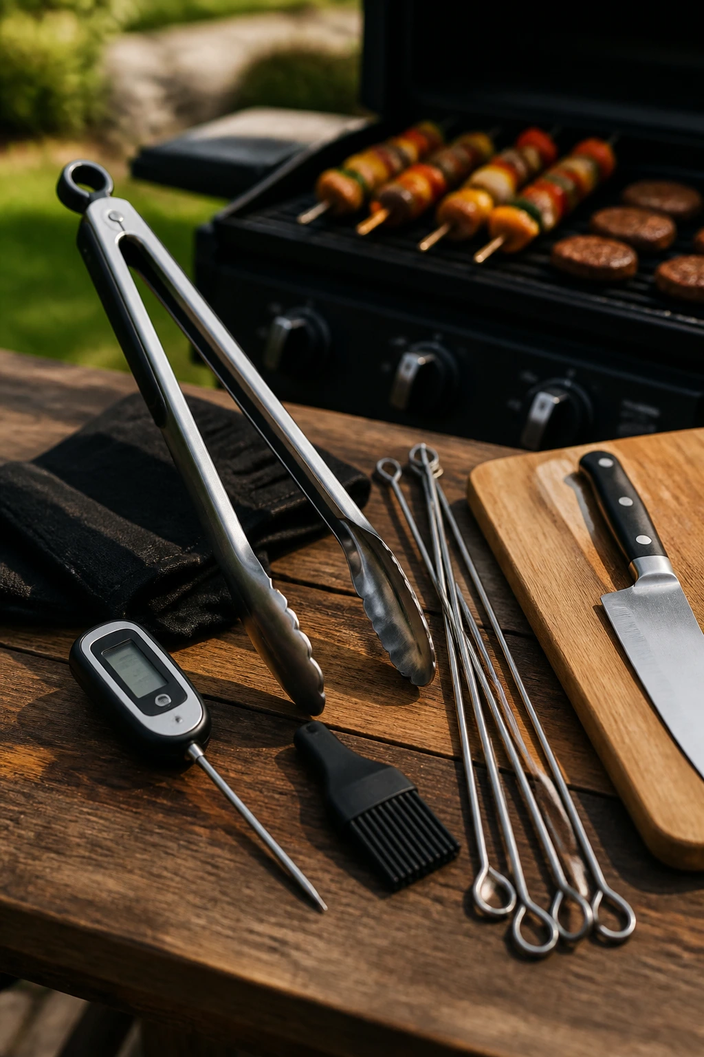 Close-up of essential grill tools arranged by a grill in a backyard.