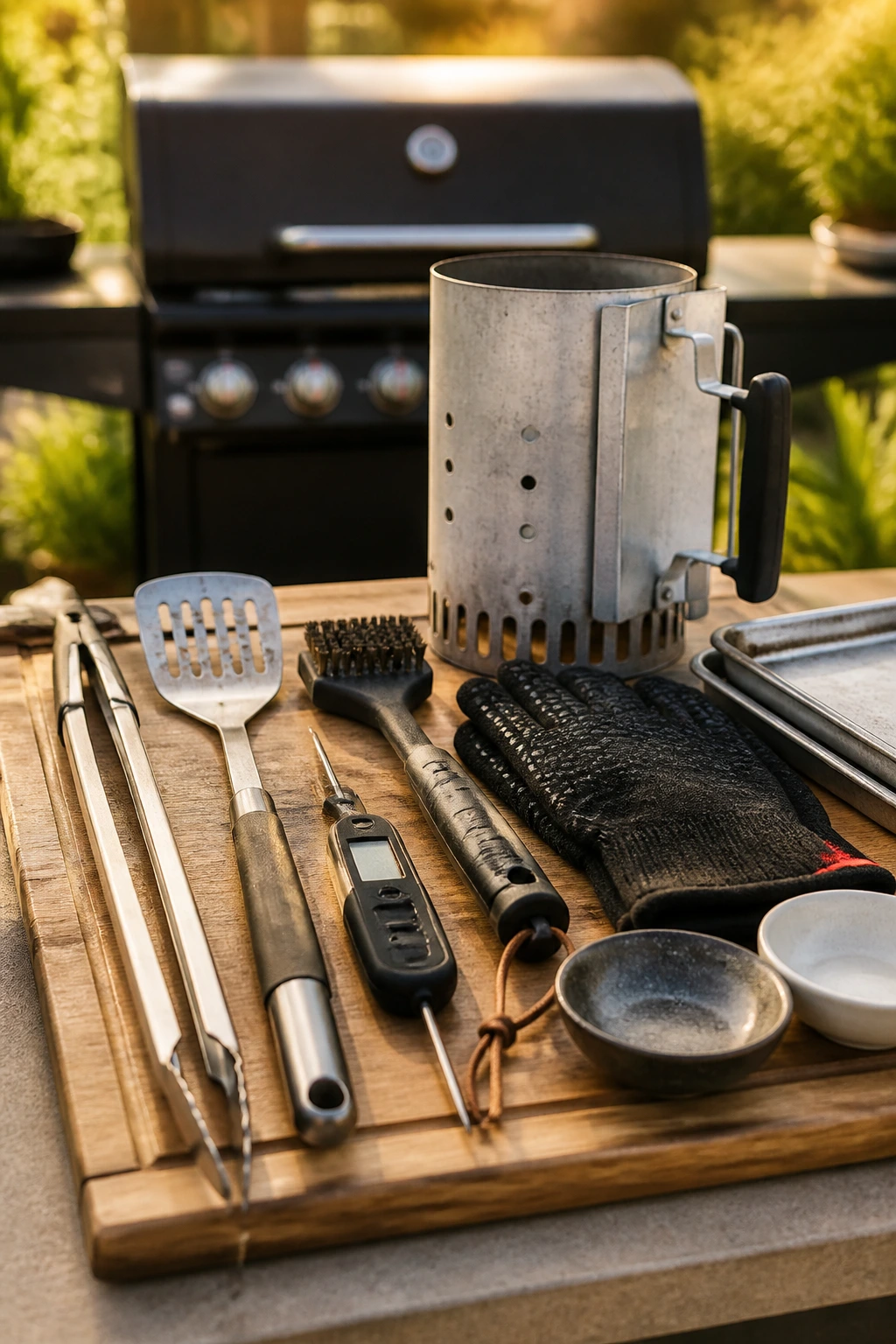 Close-up of essential grilling tools on a wooden board with backyard grill backdrop