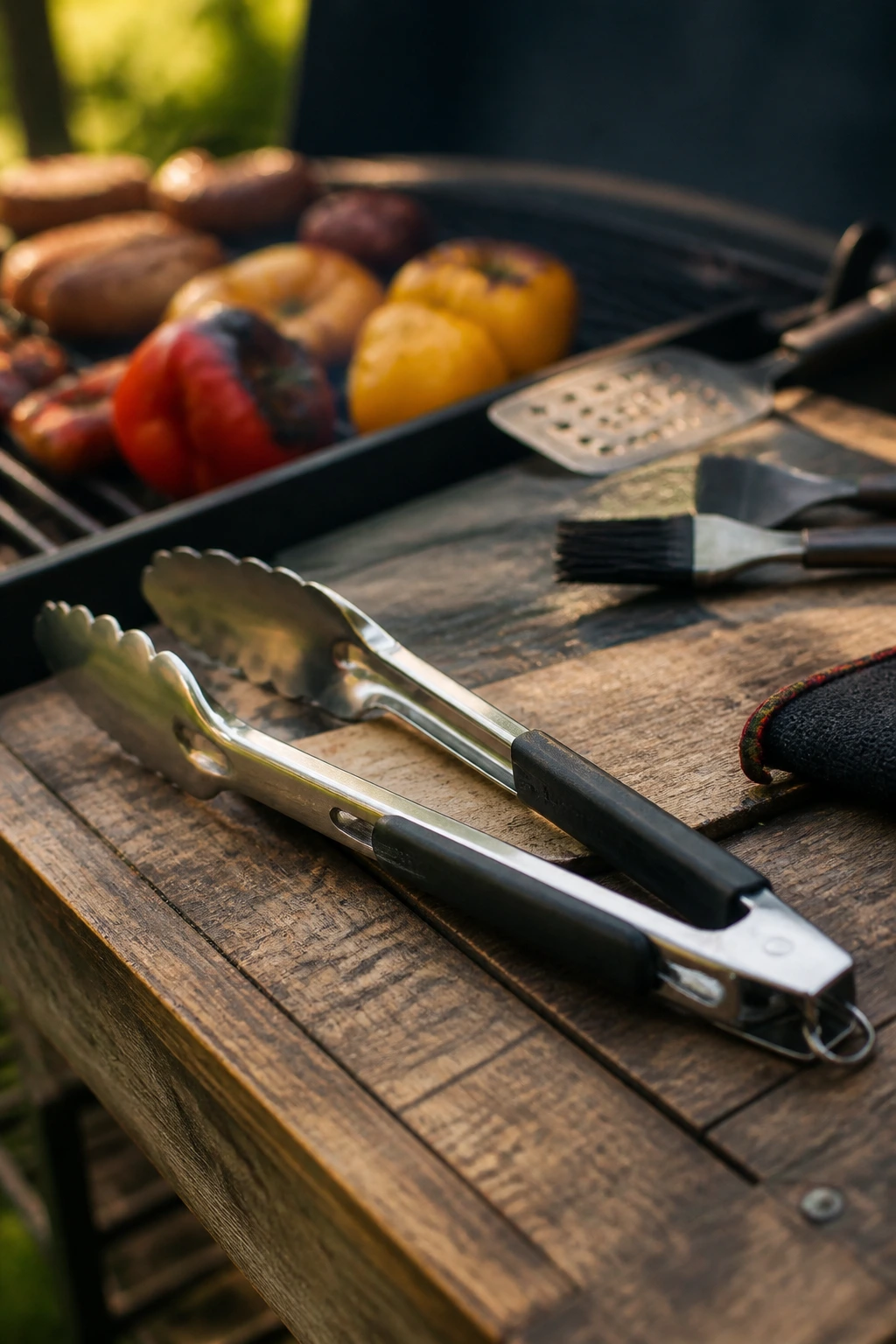 Grilling tongs on a wooden surface with a grill in the background