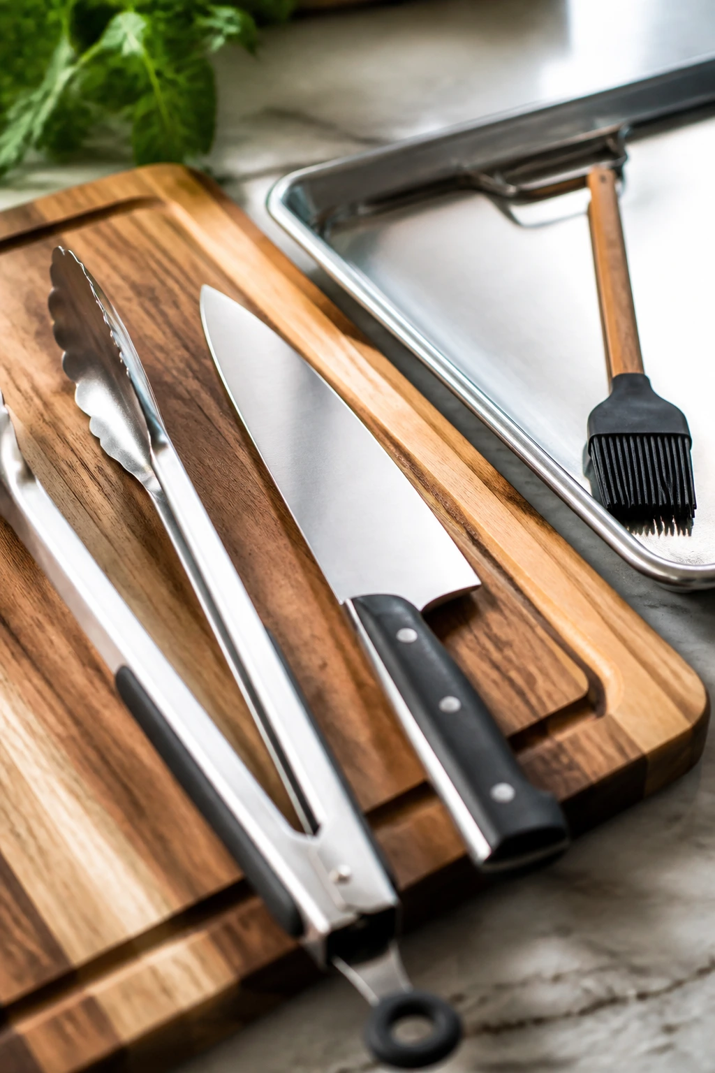 Grilling tools arranged neatly on a kitchen surface