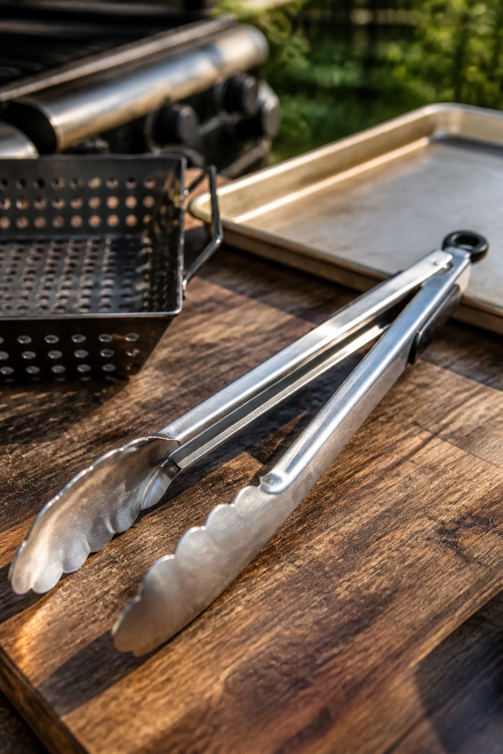 Close-up of long-handled grill tongs on a wooden surface with pan and grill basket in background