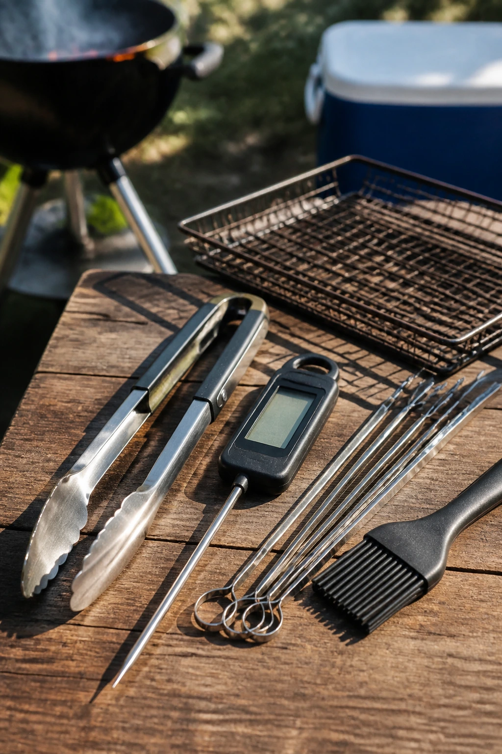 Set of essential grilling tools on a wooden surface